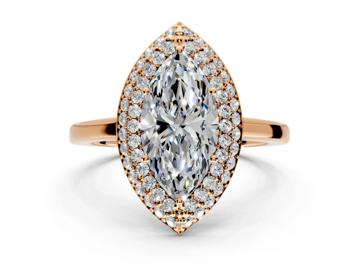 Halo Engagement Ring Setting for Marquise Center with Plain Tapered Band and Prong Head in Rose Gold