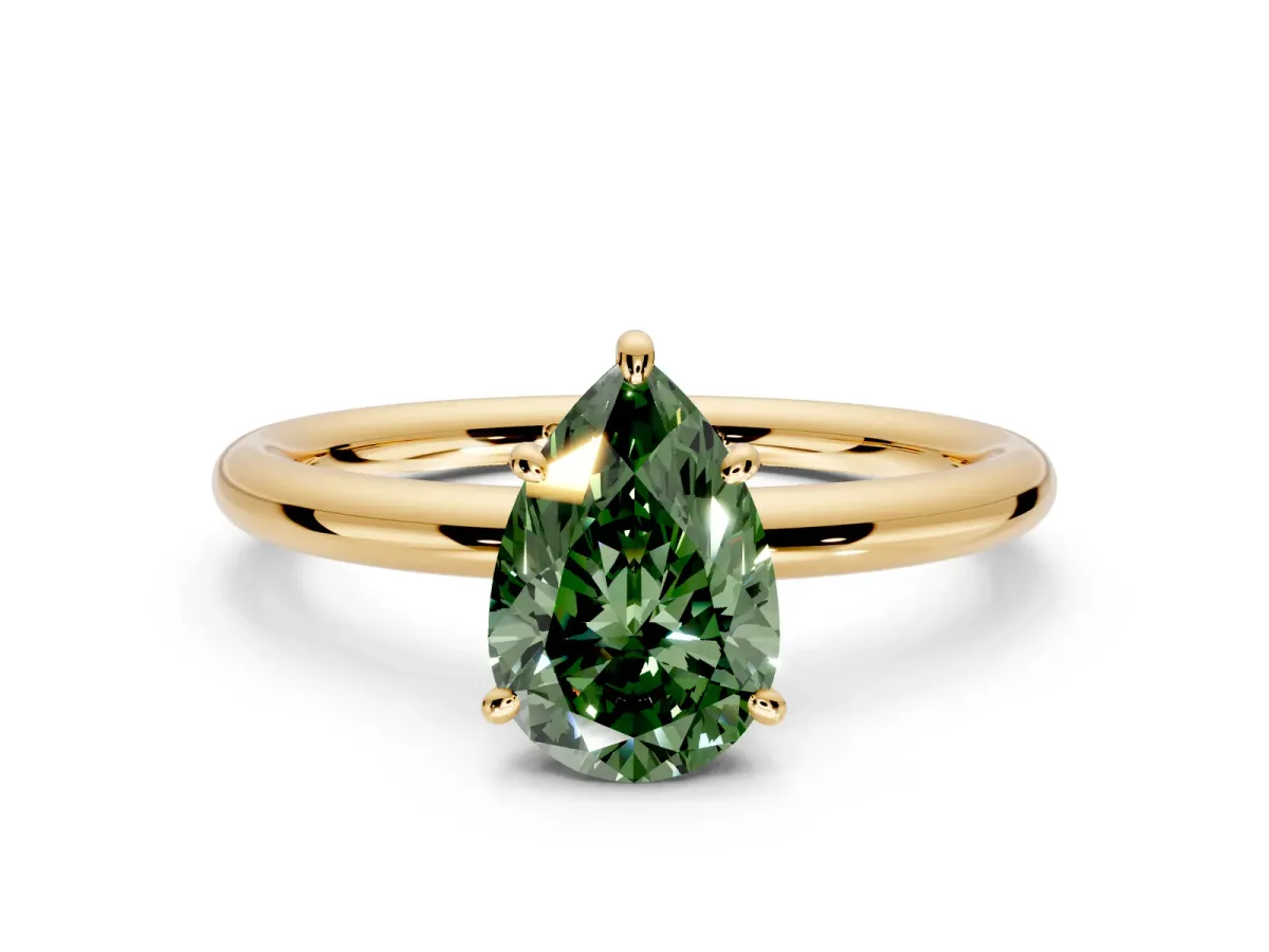 Low-Set Solitaire Engagement Ring Setting for Fancy Green Pear-Shaped Center with Thin Plain Band and Prong Head in Yellow Gold