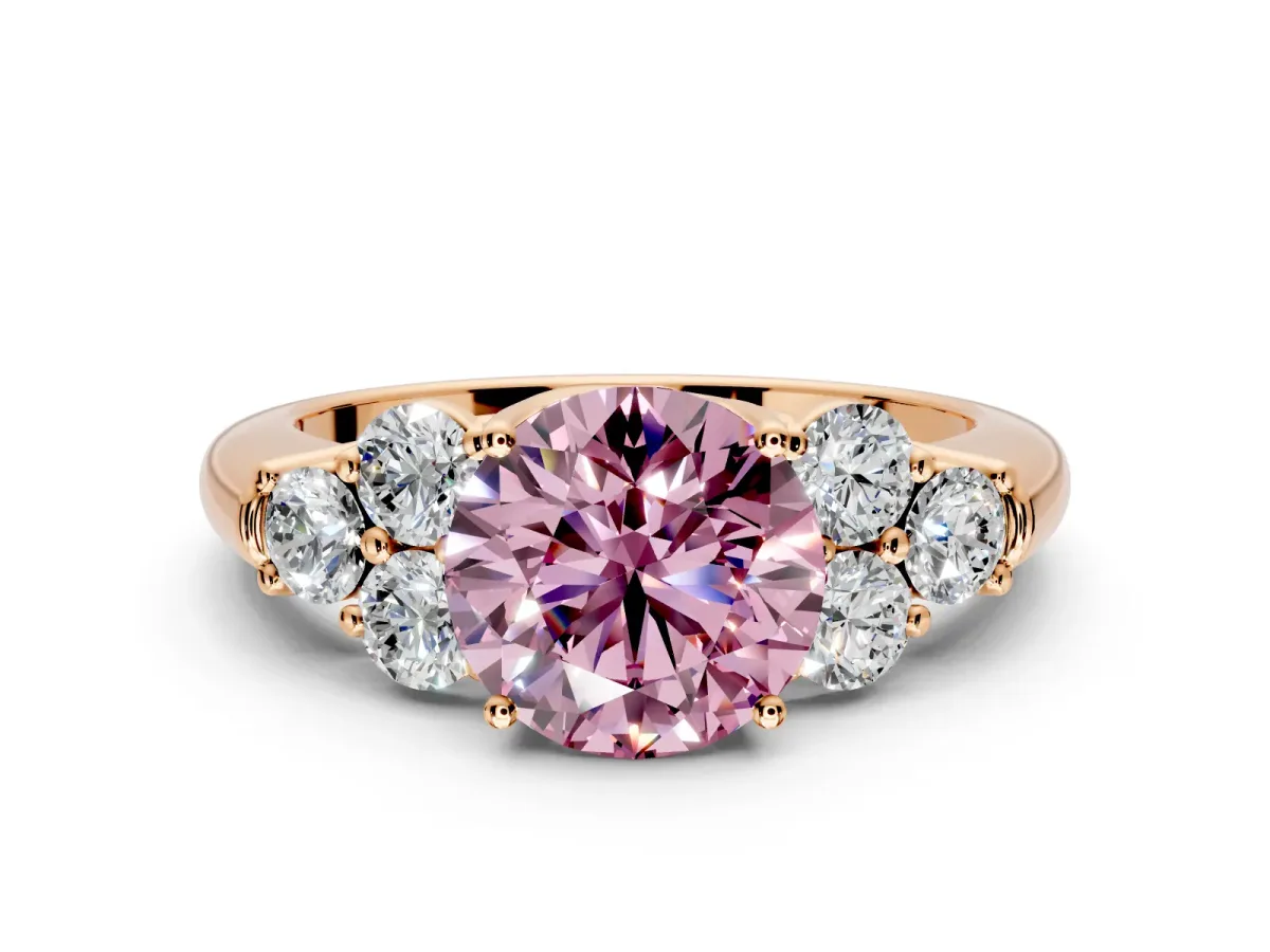 Cluster Engagement Ring Setting for Fancy Pink Round Cut Center with Round Cut Accent Frame and Prong Head in Rose Gold