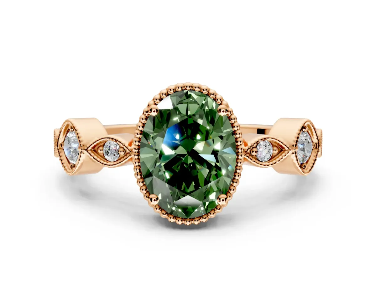 Vintage Station Engagement Ring Setting for Fancy Green Oval Center with Accents and Prong Head in Rose Gold