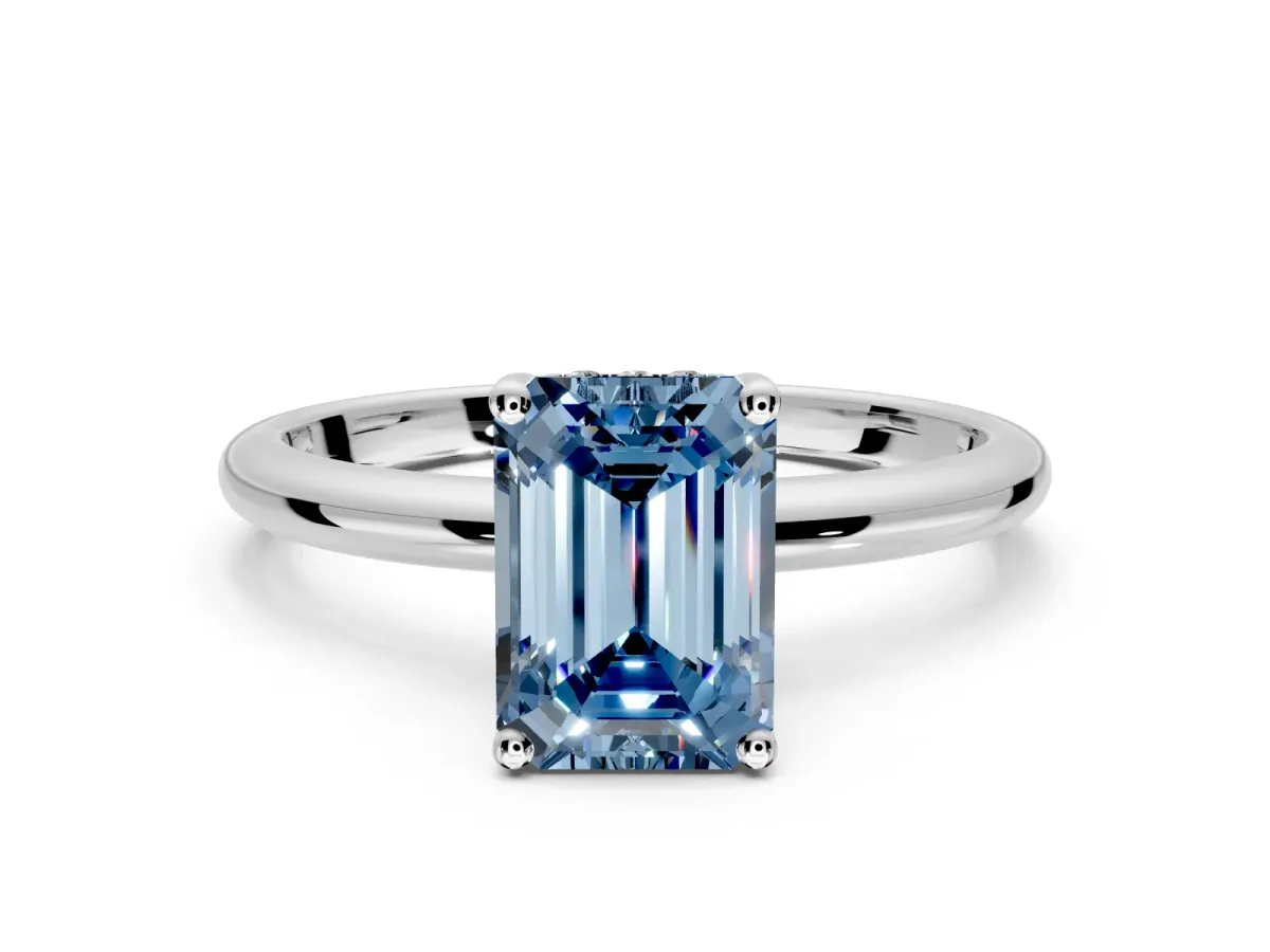 Hidden Halo Engagement Ring Setting for Fancy Blue Emerald Cut Center with Thin Round-Wire Band and Prong Head in Sterling Silver