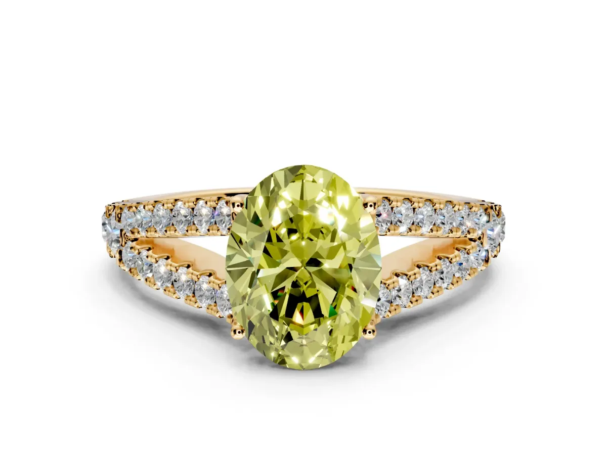 Solitaire Engagement Ring Setting for Fancy Yellow Oval Center with Pave Split Shank and Prong Head in Yellow Gold