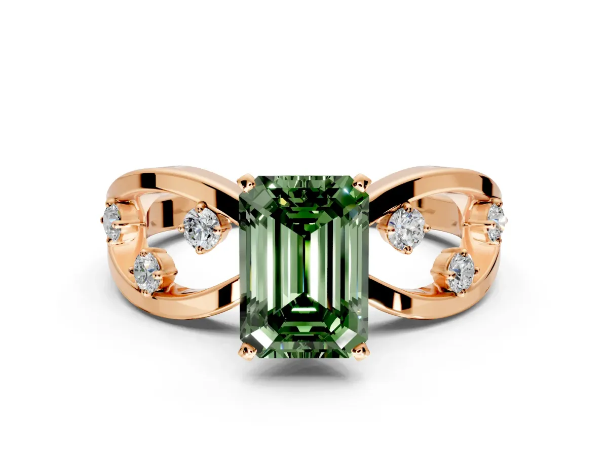 Solitaire Engagement Ring Setting for Fancy Green Emerald Cut Center with Criss-Cross Accent Band and Prong Head in Rose Gold