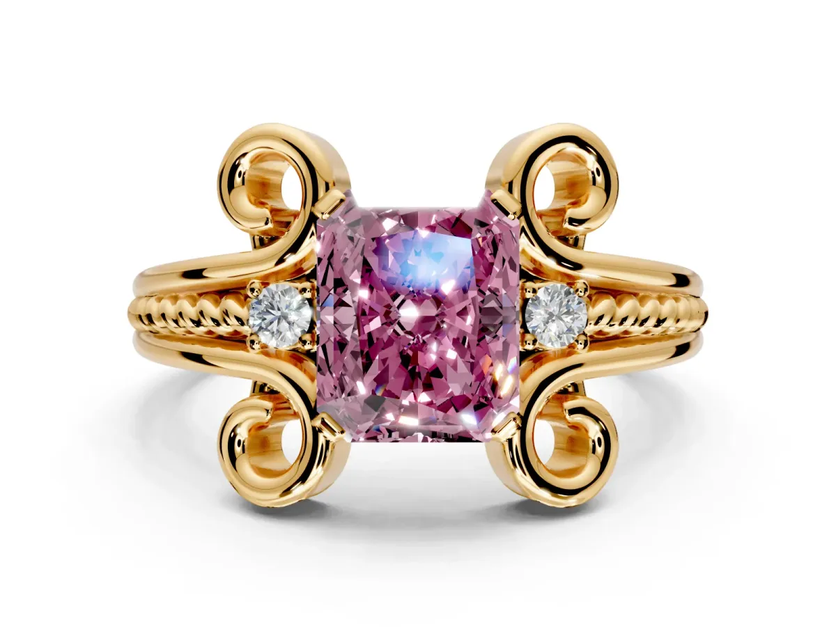 Solitaire Engagement Ring Setting for Fancy Pink Radiant Cut Center with Twisted Band and Scroll Prong Head in Yellow Gold