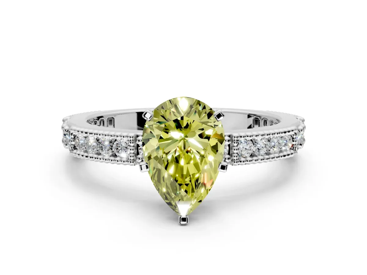 Solitaire Engagement Ring Setting for Fancy Yellow Pear-Shaped Center with Milgrain-Edged Pave Band and Prong Head in Sterling Silver