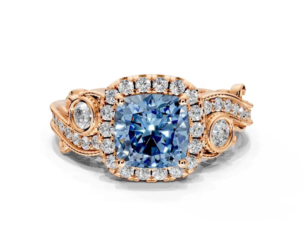 Milgrain Halo Engagement Ring Setting for Fancy Blue Cushion Cut Center with Shoulder Bezels and Prong Head in Rose Gold