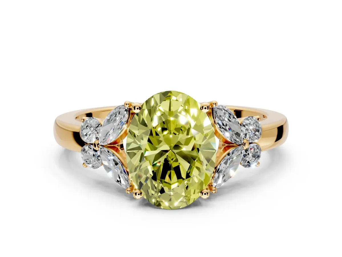 Solitaire Engagement Ring Setting for Fancy Yellow Oval Center with Marquise Flower Shoulders and Prong Head in Yellow Gold