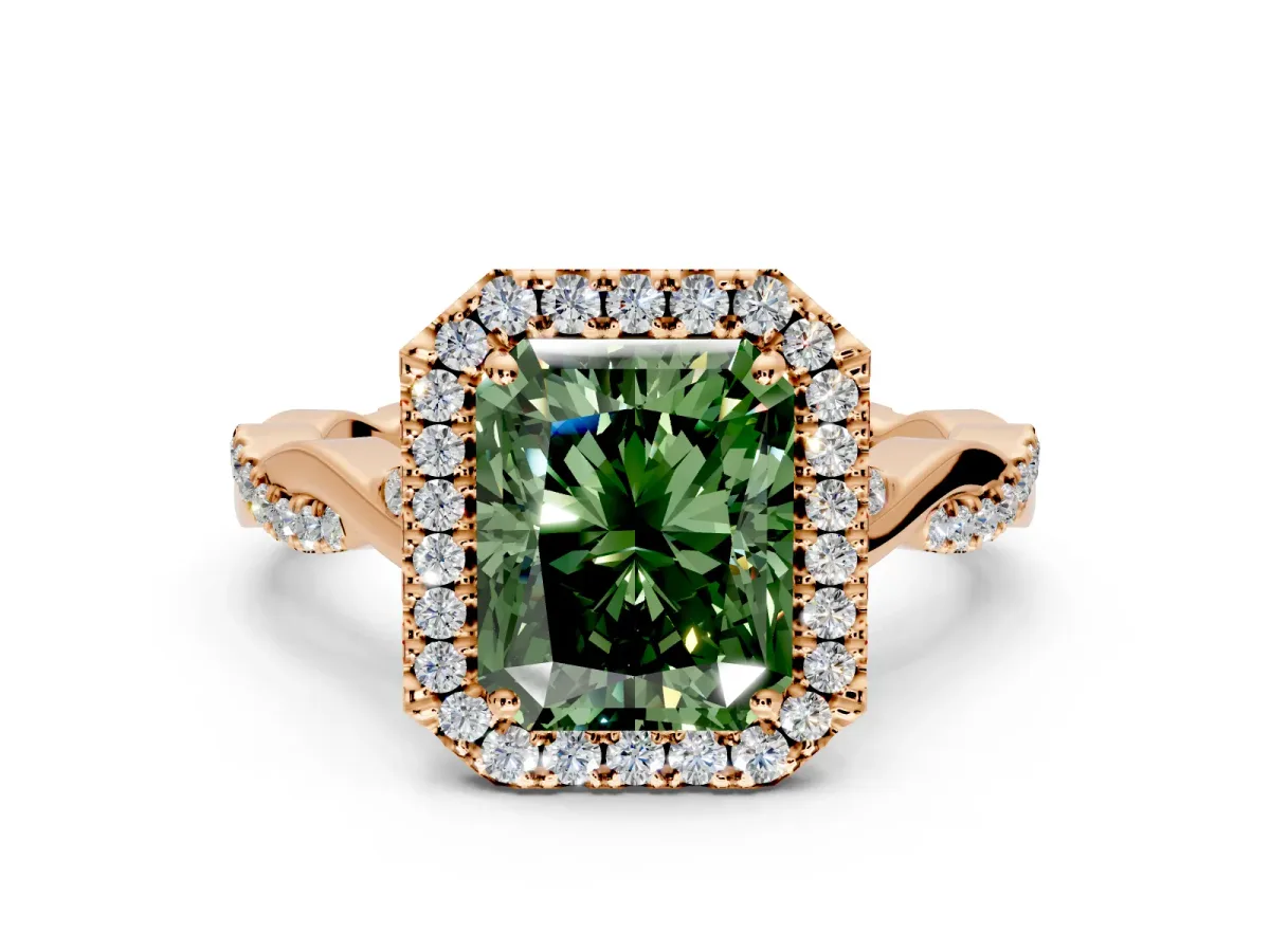 Halo Engagement Ring Setting for Fancy Green Radiant Cut Center with Twist Band and Prong Head in Rose Gold