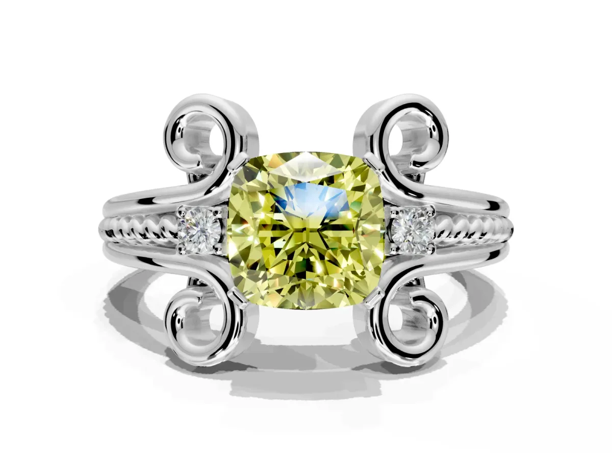 Solitaire Engagement Ring Setting for Fancy Yellow Cushion Cut Center with Twisted Band and Scroll Prong Head in Platinum