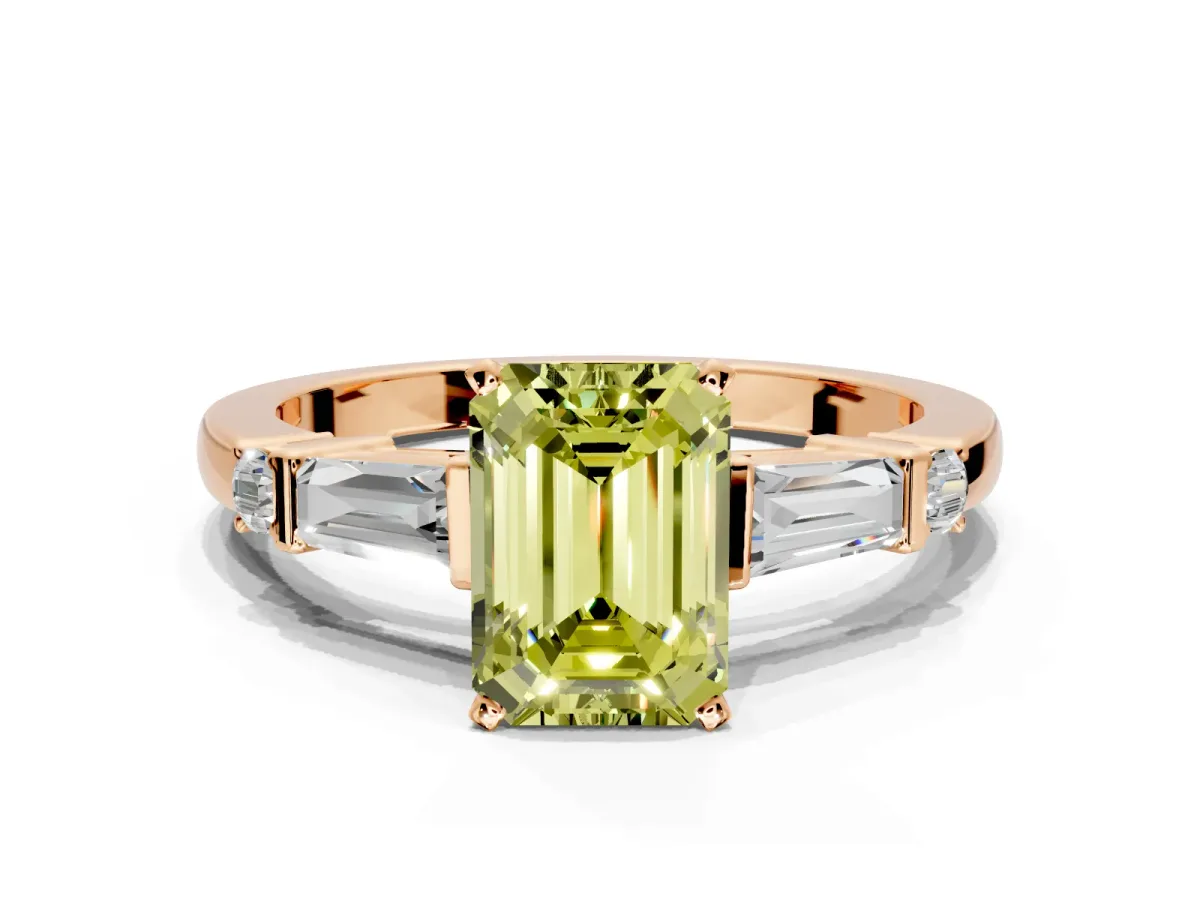 Bar-Set Engagement Ring Setting for Fancy Yellow Emerald Cut Center with Tapered Baguette Accents and Prong Head in Rose Gold