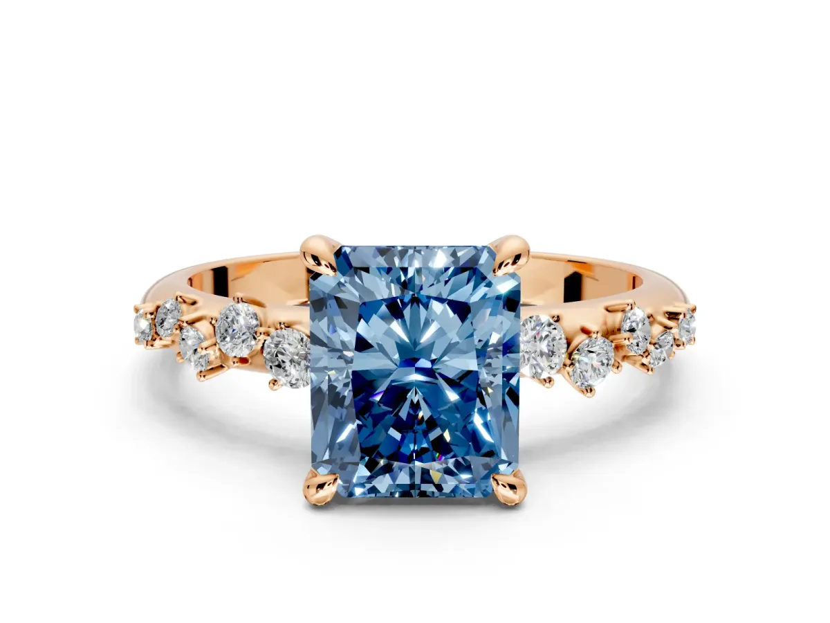Solitaire Engagement Ring Setting for Fancy Blue Radiant Cut Center with Trailing Leaf Accent Band and Prong Head in Rose Gold