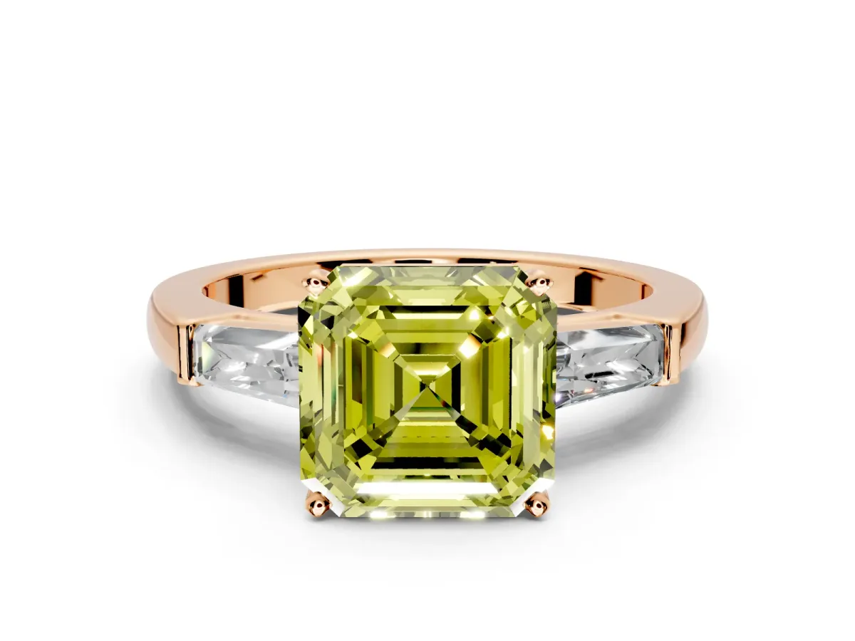 3 Stone Engagement Ring Setting for Fancy Yellow Asscher Cut Center with Tapered Baguettes, Plain Band and Prong Head in Rose Gold