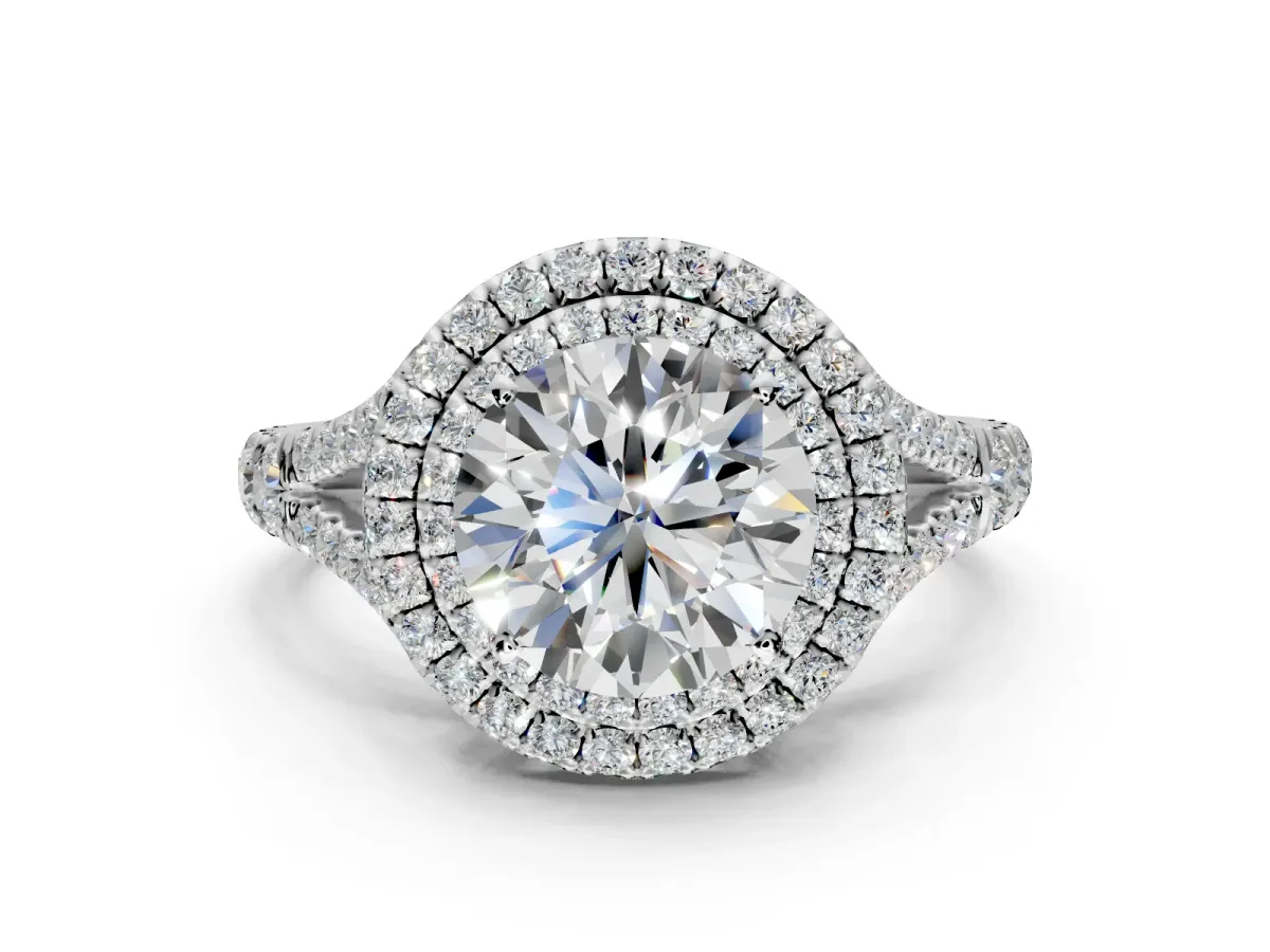 Double Halo Engagement Ring Setting for Round Cut Center with Narrow Pave Split Shank and Prong Head in Sterling Silver
