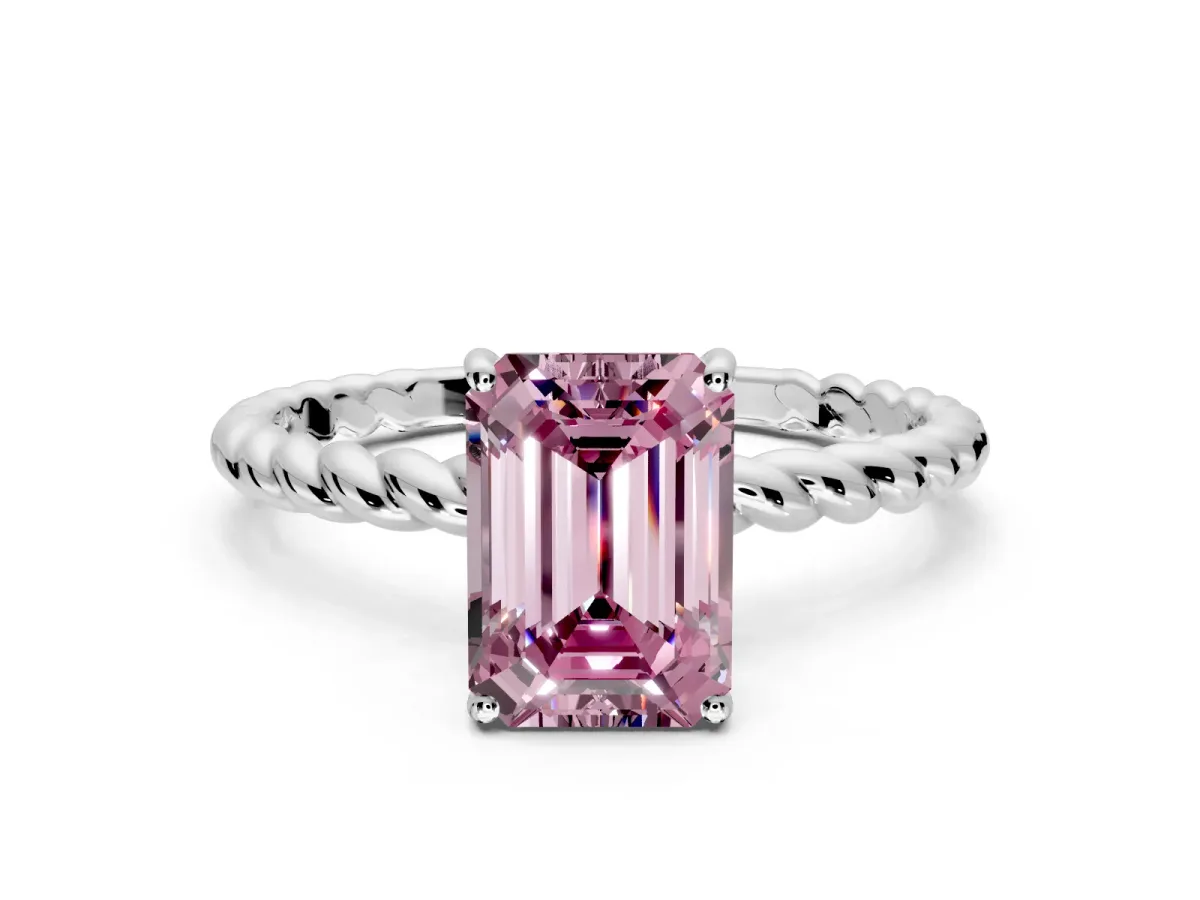 Solitaire Engagement Ring Setting for Fancy Pink Emerald Cut Center with Plain Twisted Rope Band and Prong Head in Platinum