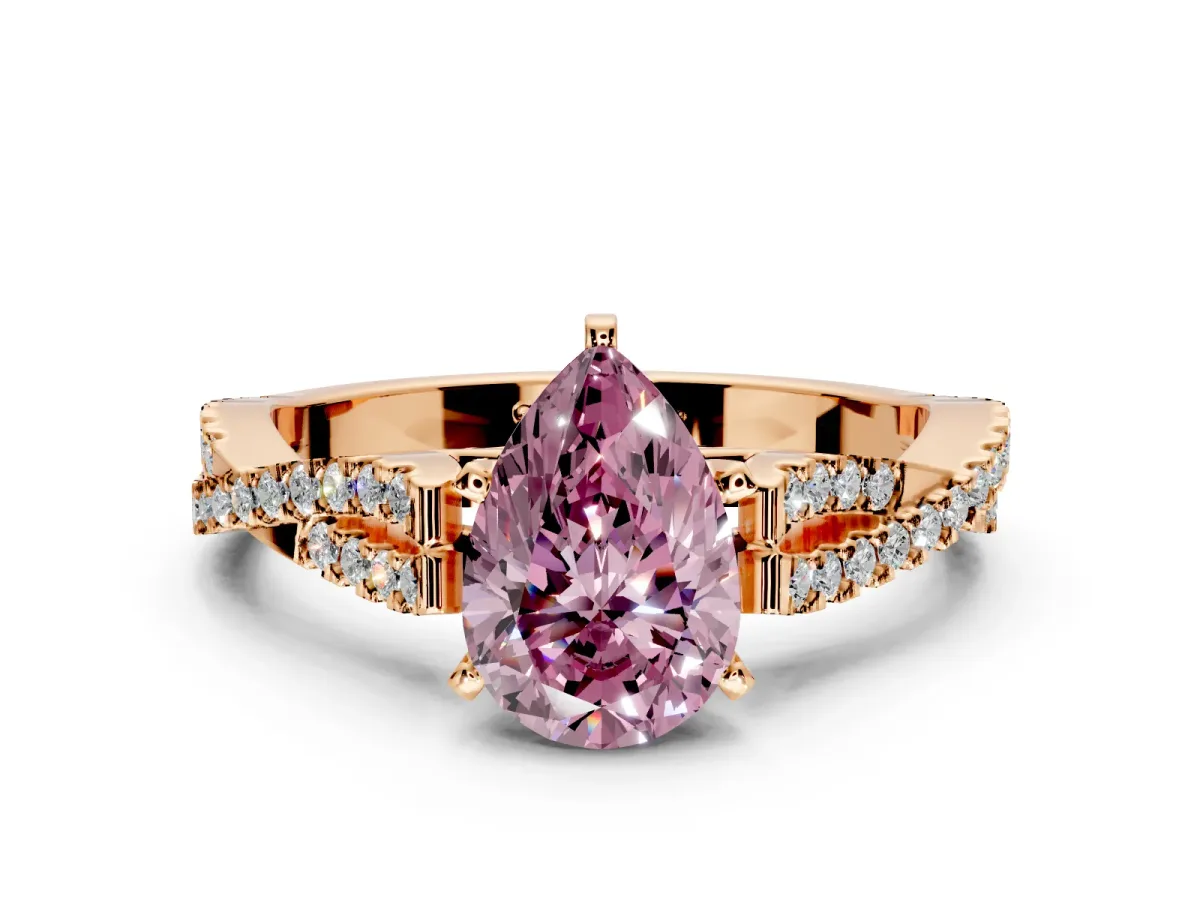 Solitaire Engagement Ring Setting for Fancy Pink Pear-Shaped Center with Twisted Pave Split Shank and Prong Head in Rose Gold
