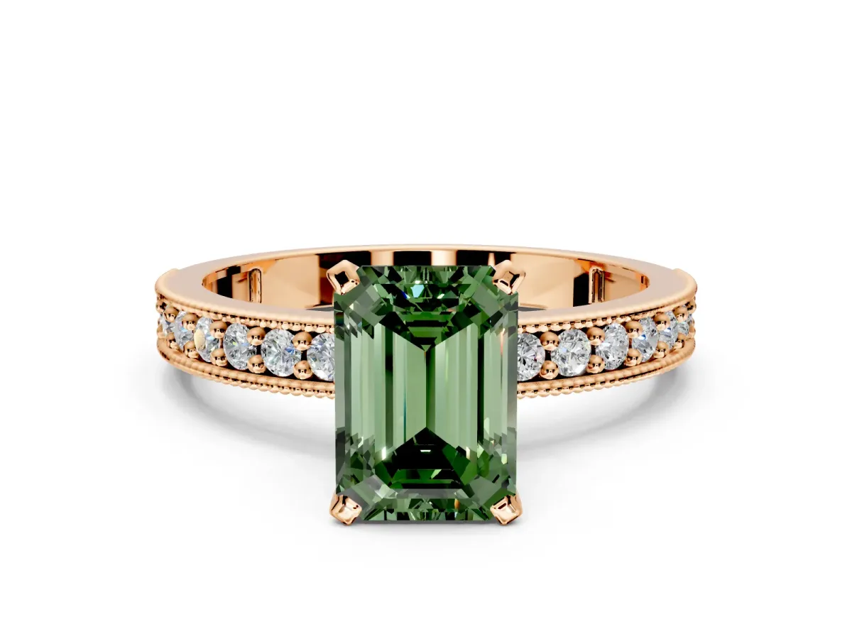 Milgrain Pave Engagement Ring Setting for Fancy Green Emerald Cut Center with Accent Band and Prong Head in Rose Gold