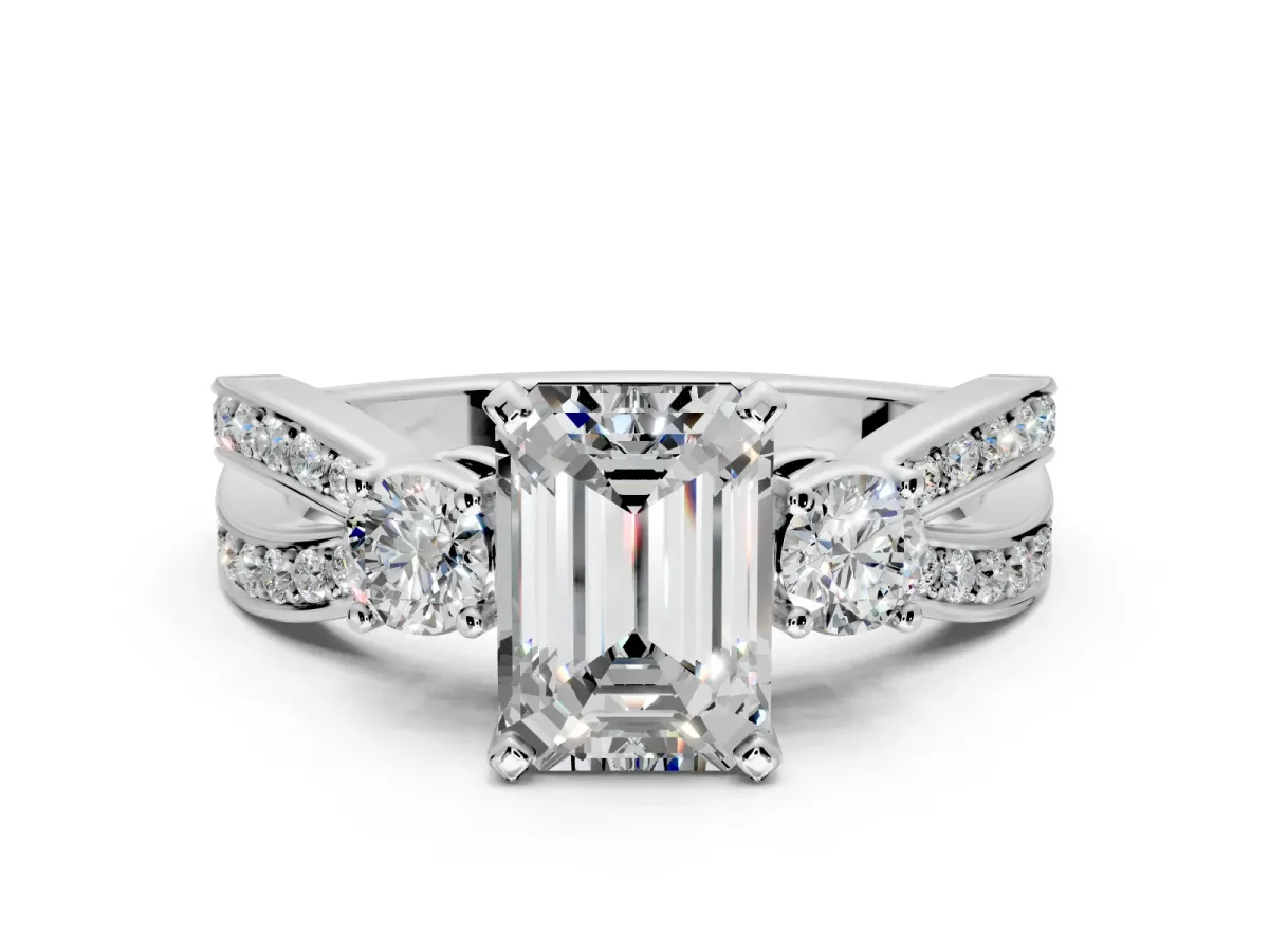 3 Stone Engagement Ring Setting for Emerald Cut Center with Pave Twist Band and Prong Head in White Gold