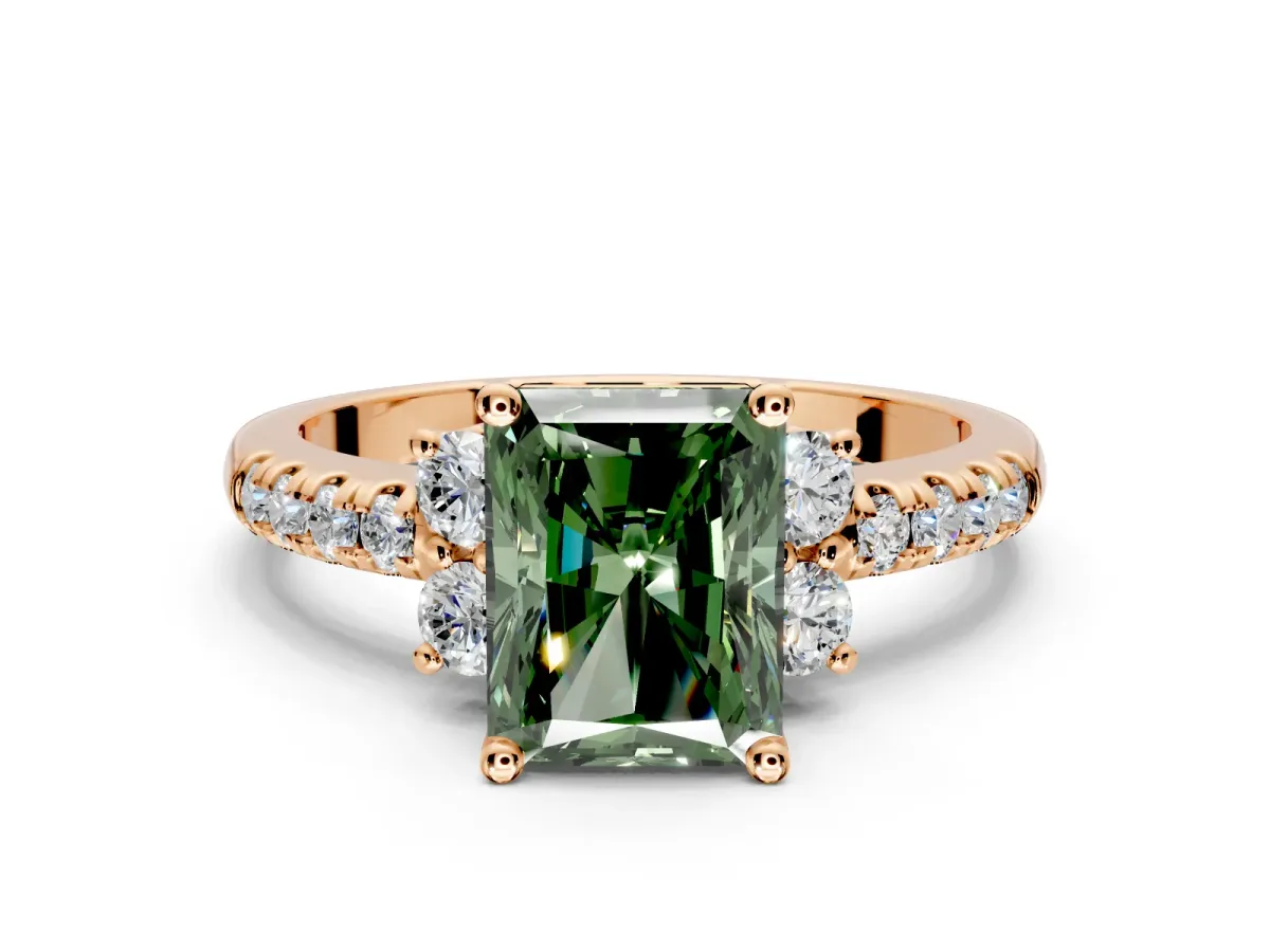 Paired Accent Engagement Ring Setting for Fancy Green Radiant Cut Center with Pave Band and Prong Head in Rose Gold