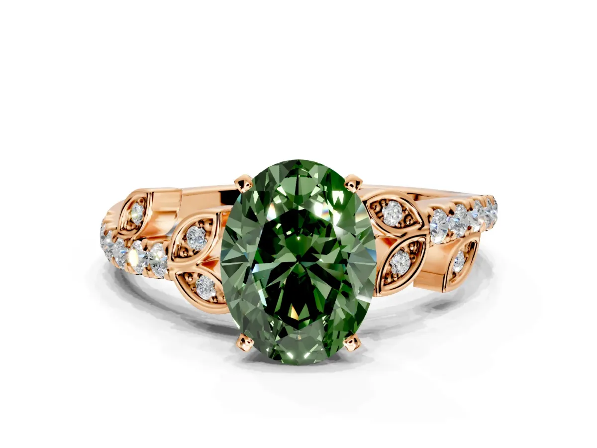 Leaf Motif Engagement Ring Setting for Fancy Green Oval Center with Pave Band and Prong Head in Rose Gold