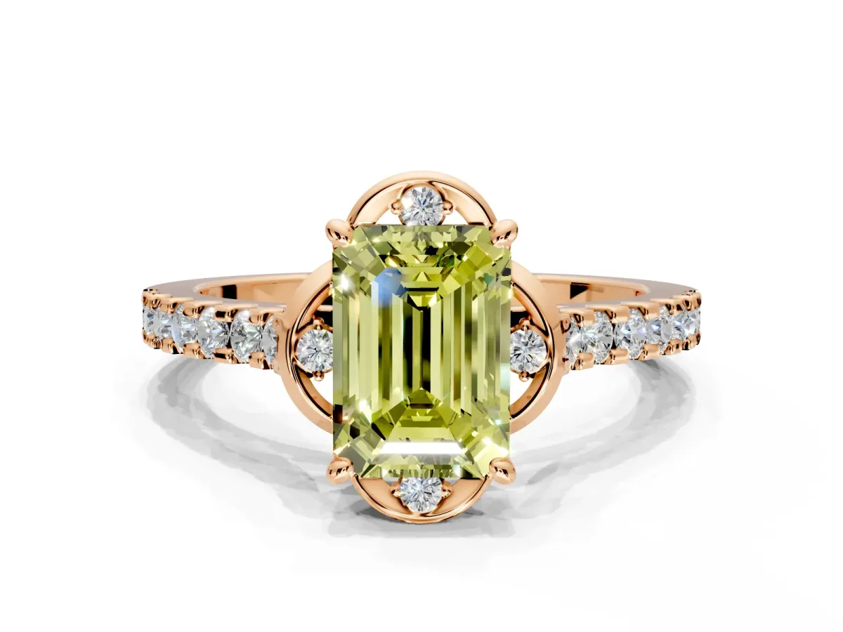 Floral Engagement Ring Setting for Fancy Yellow Emerald Cut Center with Pave Band and Floral Prong Head in Rose Gold