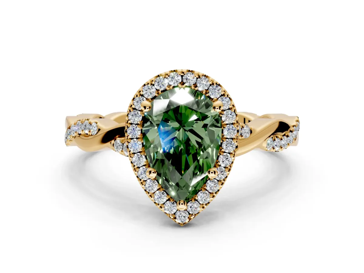 Halo Engagement Ring Setting for Fancy Green Pear-Shaped Center with Pave and Plain Twist Band and Prong Head in Yellow Gold