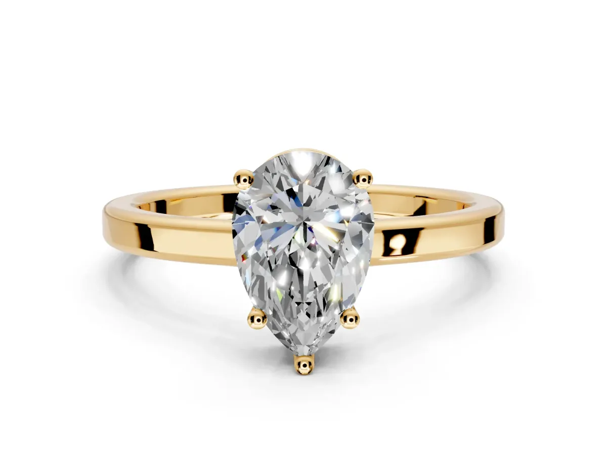 Hidden Halo Engagement Ring Setting for Pear-Shaped Center with Wide Flat Plain Band and Prong Head in Yellow Gold