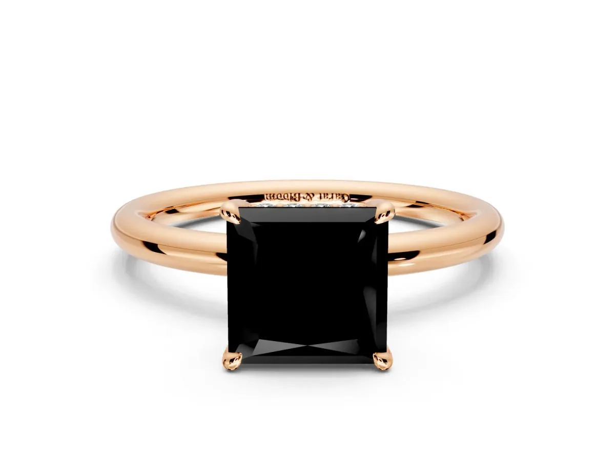 Hidden Halo Engagement Ring Setting for Fancy Black Princess Cut Center with Thin Rounded Band and Prong Head in Rose Gold