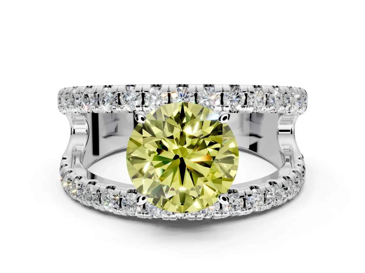 Solitaire Engagement Ring Setting for Fancy Yellow Round Cut Center with Wide-Open Split Shank and Prong Head in White Gold