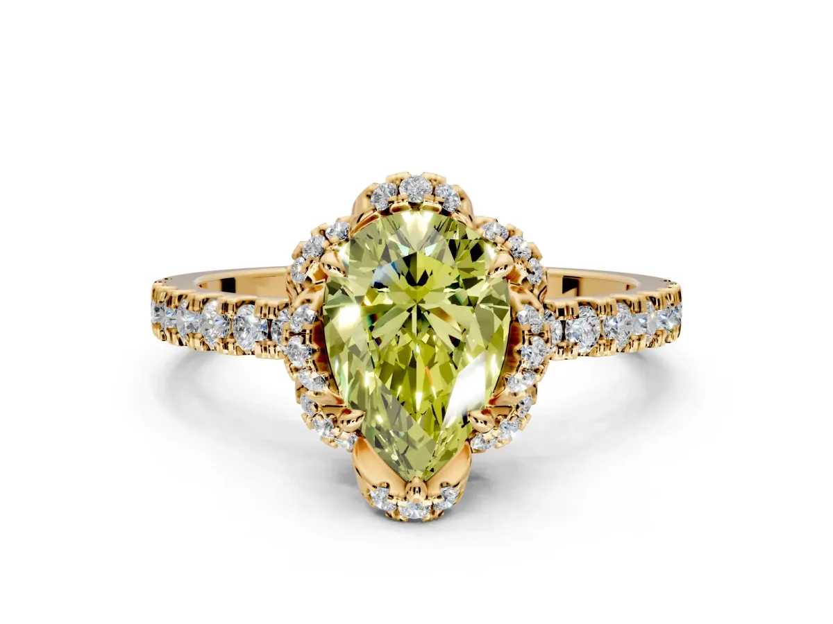 Halo Engagement Ring Setting for Fancy Yellow Pear-Shaped Center with Openwork Halo, Pave Band and Prong Head in Yellow Gold