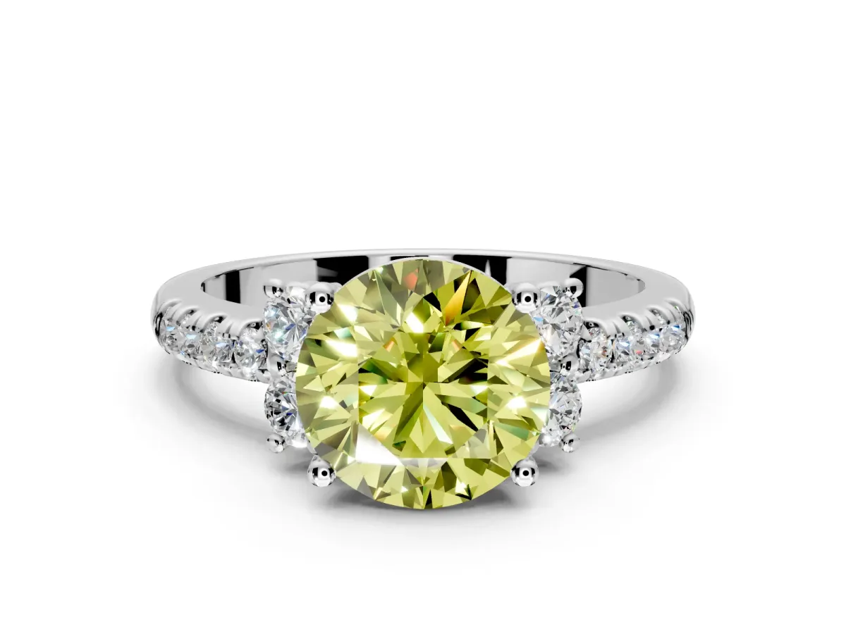 Paired Accent Engagement Ring Setting for Fancy Yellow Round Cut Center with Pave Band and Prong Head in Platinum