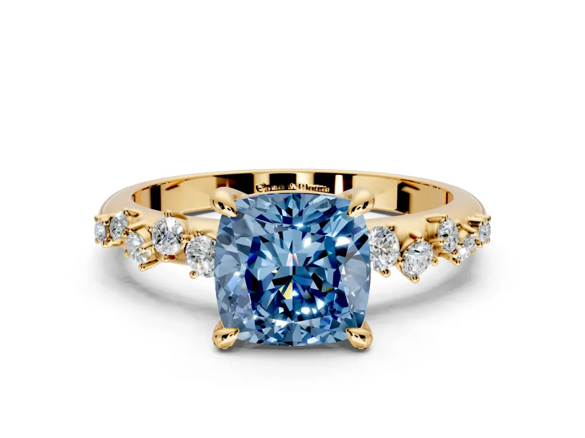 Solitaire Engagement Ring Setting for Fancy Blue Cushion Cut Center with Trailing Leaf Accent Band and Prong Head in Yellow Gold