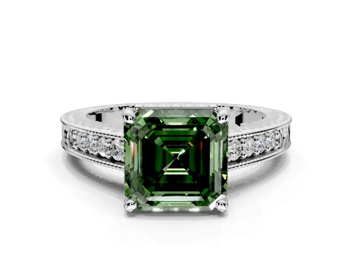 Engraved Engagement Ring Setting for Fancy Green Asscher Cut Center with Milgrain Pave Band and Prong Head in Platinum
