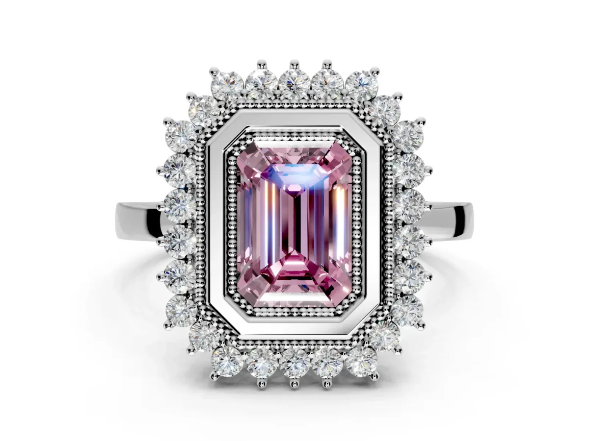 Halo Engagement Ring Setting for Fancy Pink Emerald Cut Center with Milgrain Bezel Rim, Plain Band and Prong Head in Sterling Silver