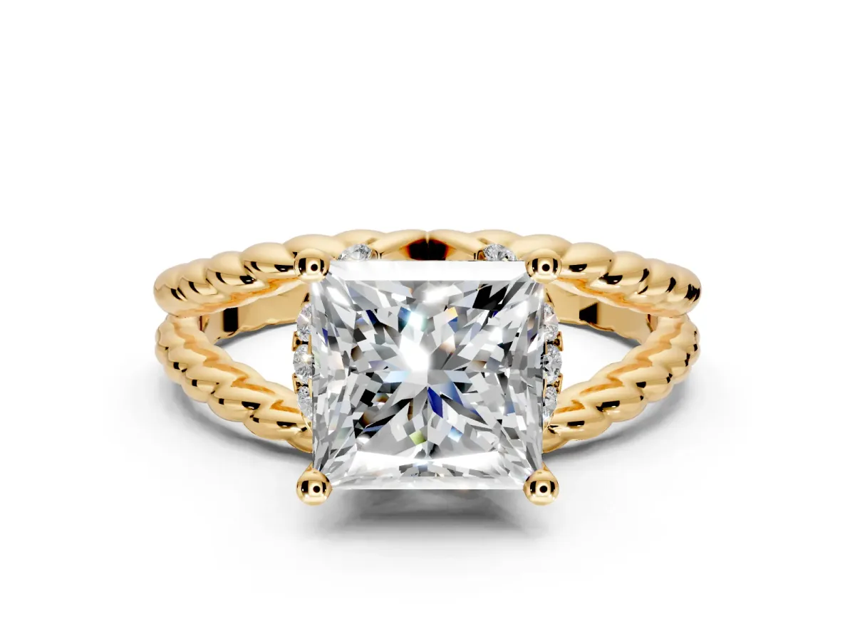 Halo Engagement Ring Setting for Princess Cut Center with Rope Twist Split Shank and Prong Head in Yellow Gold