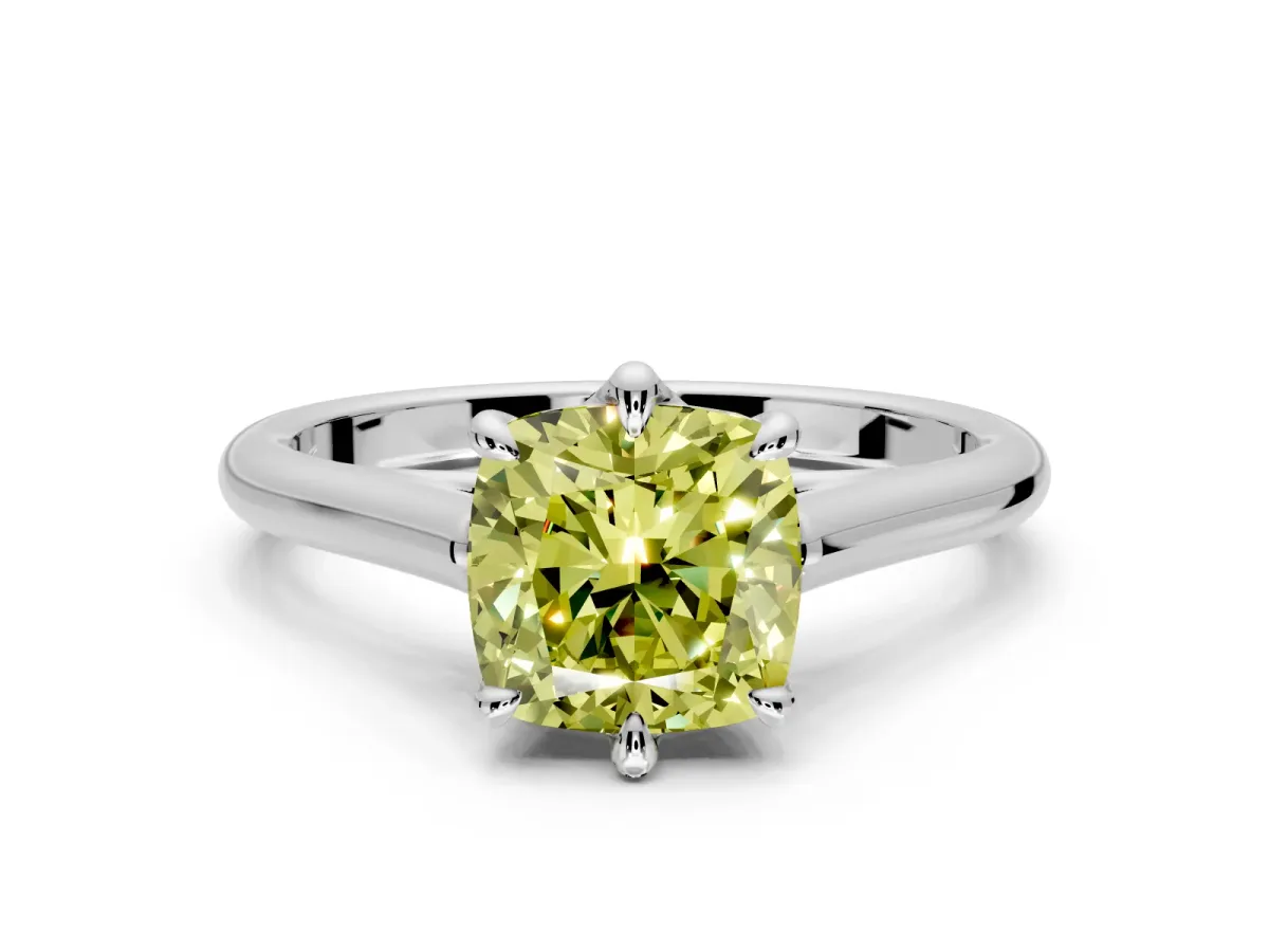 Solitaire Engagement Ring Setting for Fancy Yellow Cushion Cut Center with Cathedral Band and Prong Head in Platinum
