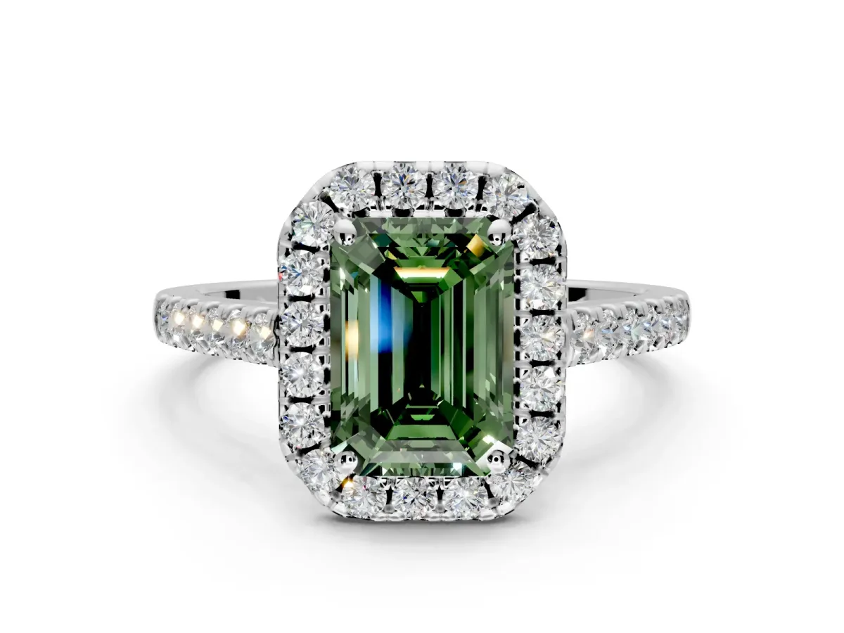 Halo Engagement Ring Setting for Fancy Green Emerald Cut Center with Narrowing Pave Band and Prong Head in Sterling Silver