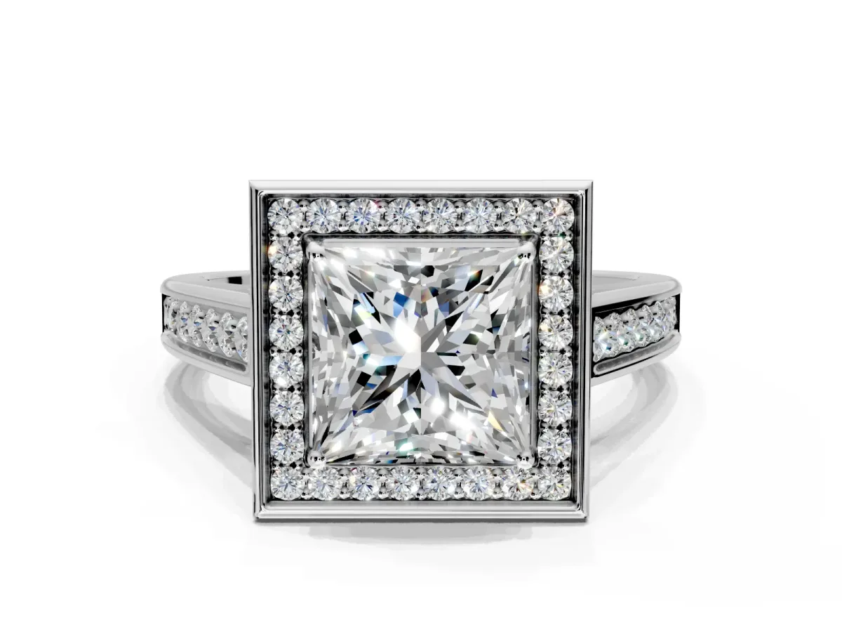 Halo Engagement Ring Setting for Princess Cut Center with Outer Bezel Rim, Pave Band and Prong Head in Sterling Silver