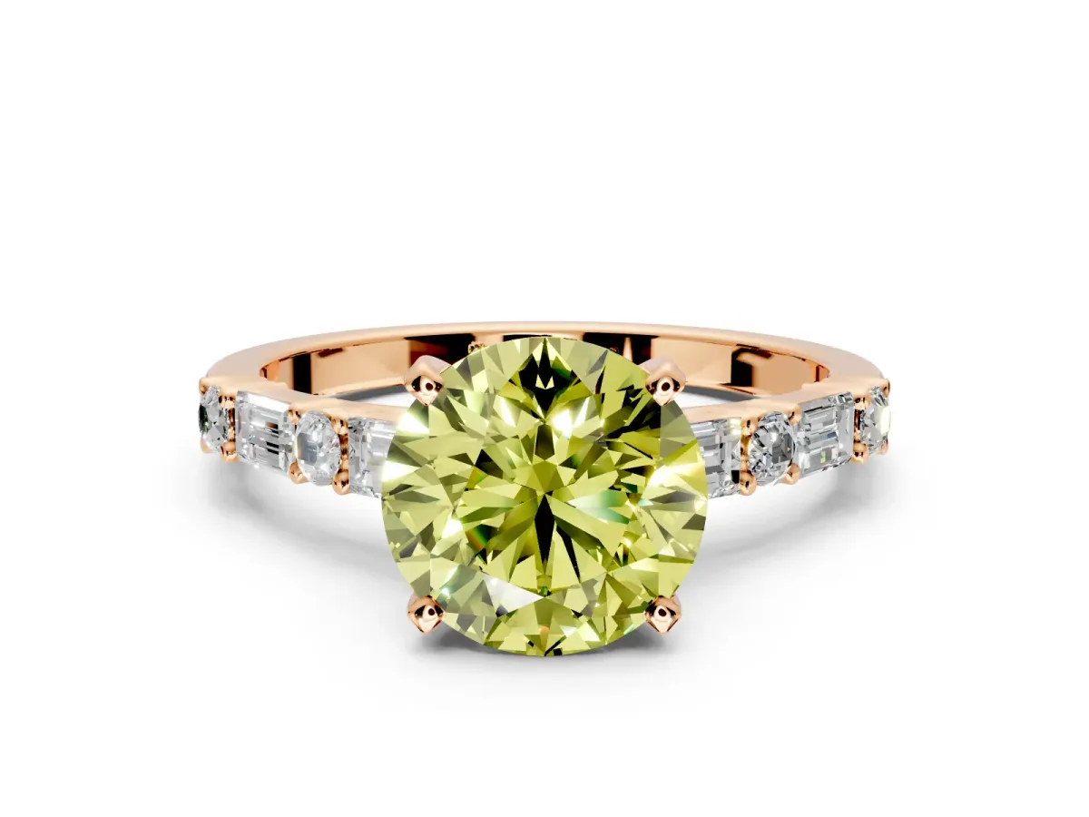 Baguette Engagement Ring Setting for Fancy Yellow Round Cut Center with Alternating Bar-Set Band and Prong Head in Rose Gold