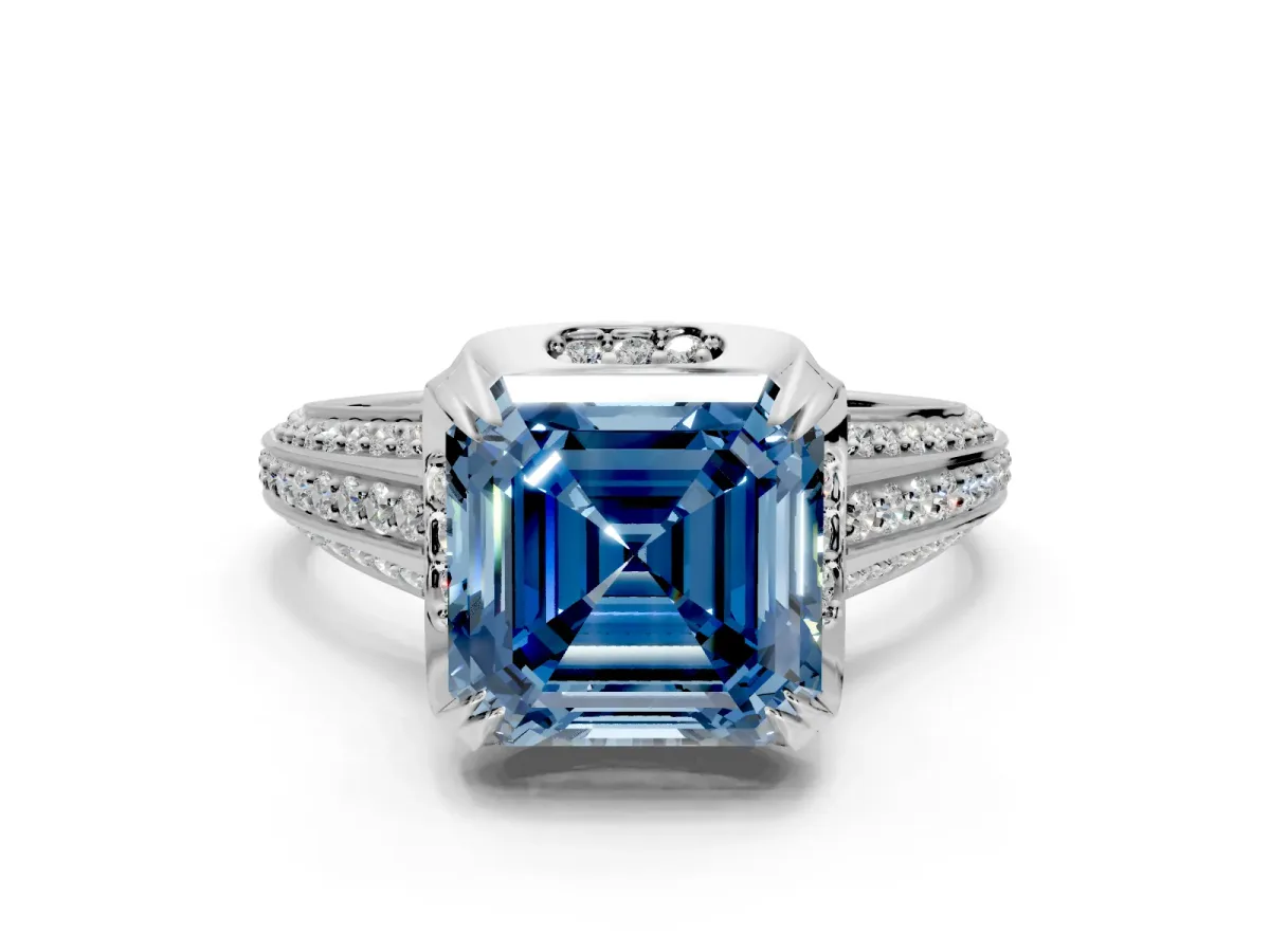 Solitaire Engagement Ring Setting for Fancy Blue Asscher Cut Center with Accented Split Shank and Prong Head in Sterling Silver