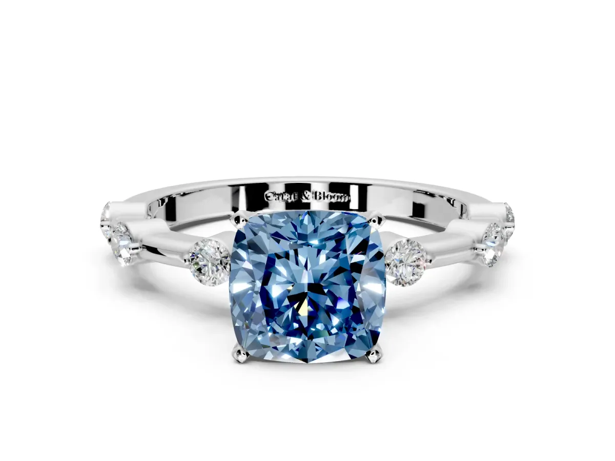 Solitaire Engagement Ring Setting for Fancy Blue Cushion Cut Center with Bezel Station Band and Prong Head in Platinum