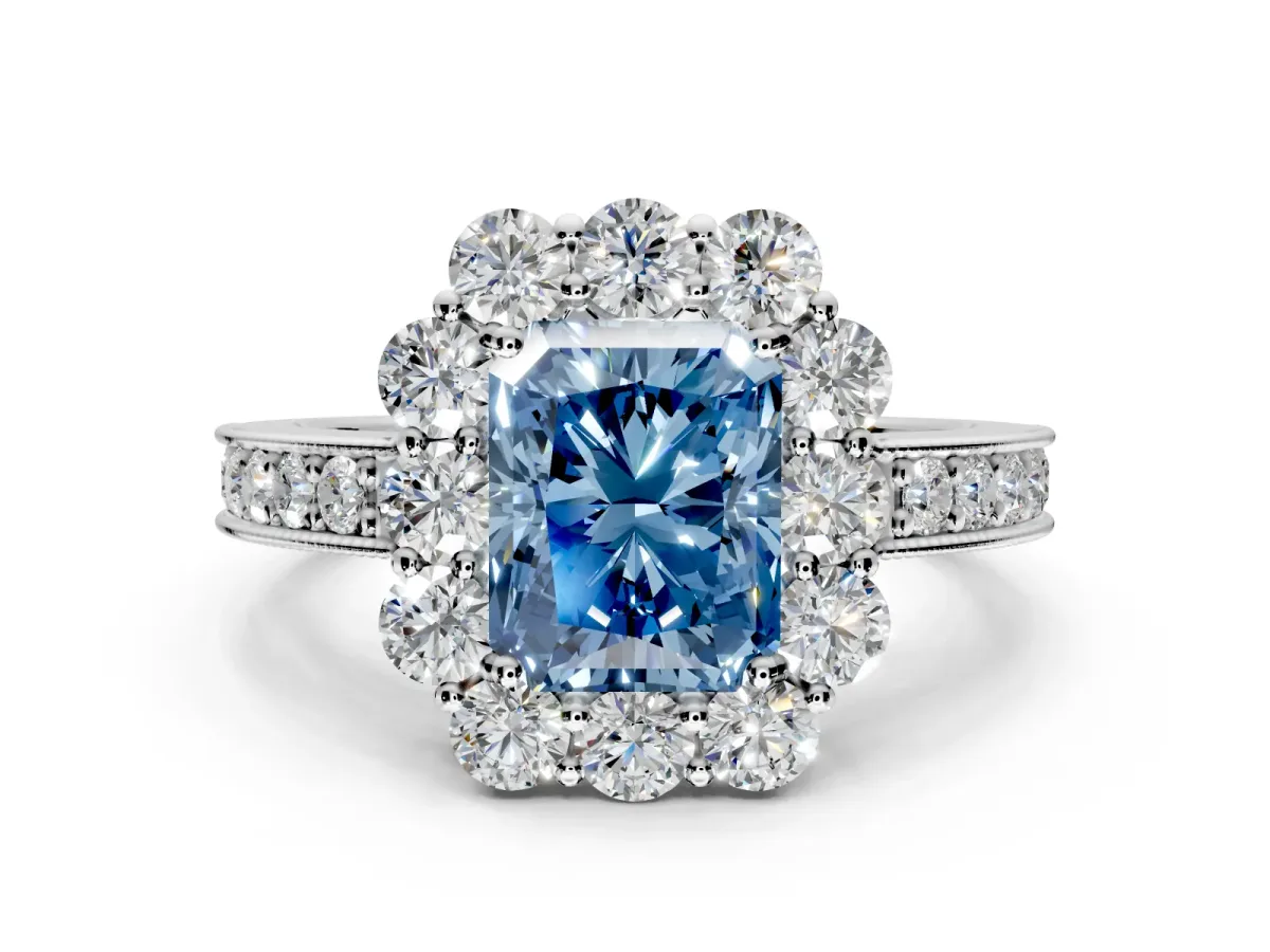 Halo Engagement Ring Setting for Fancy Blue Radiant Cut Center with Milgrain Channel Band and Prong Head in Sterling Silver