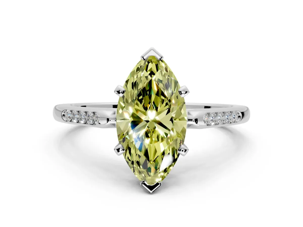 Solitaire Engagement Ring Setting for Fancy Yellow Marquise Center with Channel Accents and Prong Head in White Gold