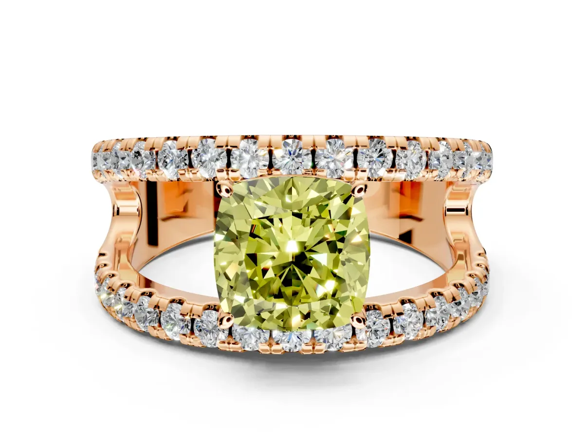 Solitaire Engagement Ring Setting for Fancy Yellow Cushion Cut Center with Wide-Open Split Shank and Prong Head in Rose Gold