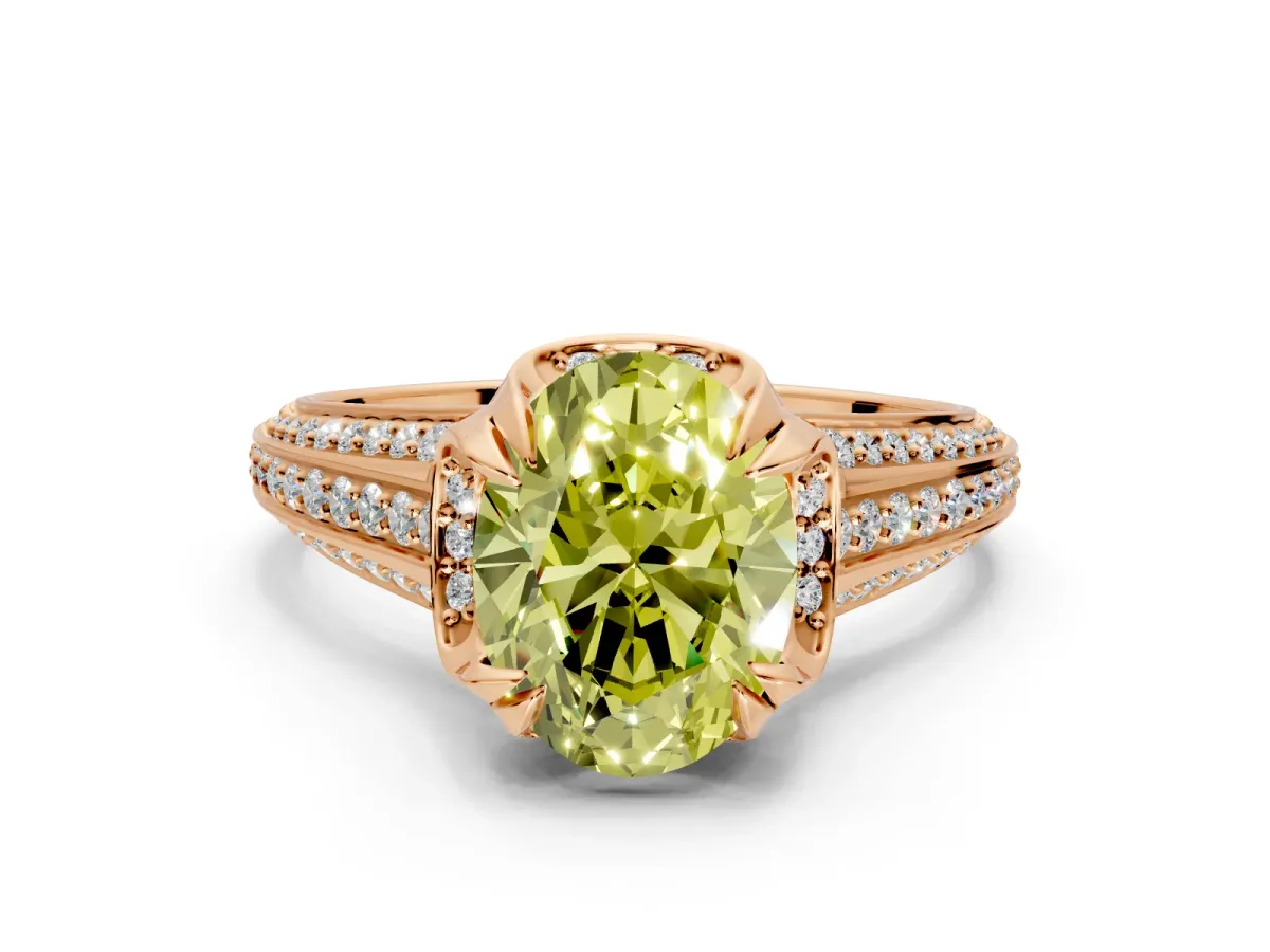 Solitaire Engagement Ring Setting for Fancy Yellow Oval Center with Accented Split Shank and Prong Head in Rose Gold