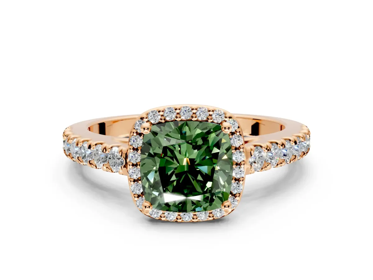 Halo Engagement Ring Setting for Fancy Green Cushion Cut Center with Full Pave Band and Prong Head in Rose Gold