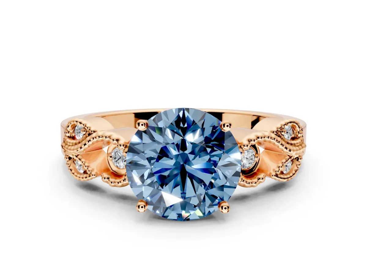 Leaf Engagement Ring Setting for Fancy Blue Round Cut Center with Milgrain Accent Band and Prong Head in Rose Gold