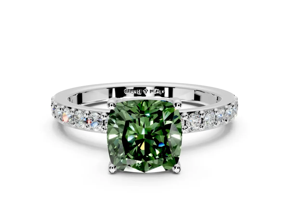 Solitaire Engagement Ring Setting for Fancy Green Cushion Cut Center with Round Cut Pave Band and Prong Head in Platinum