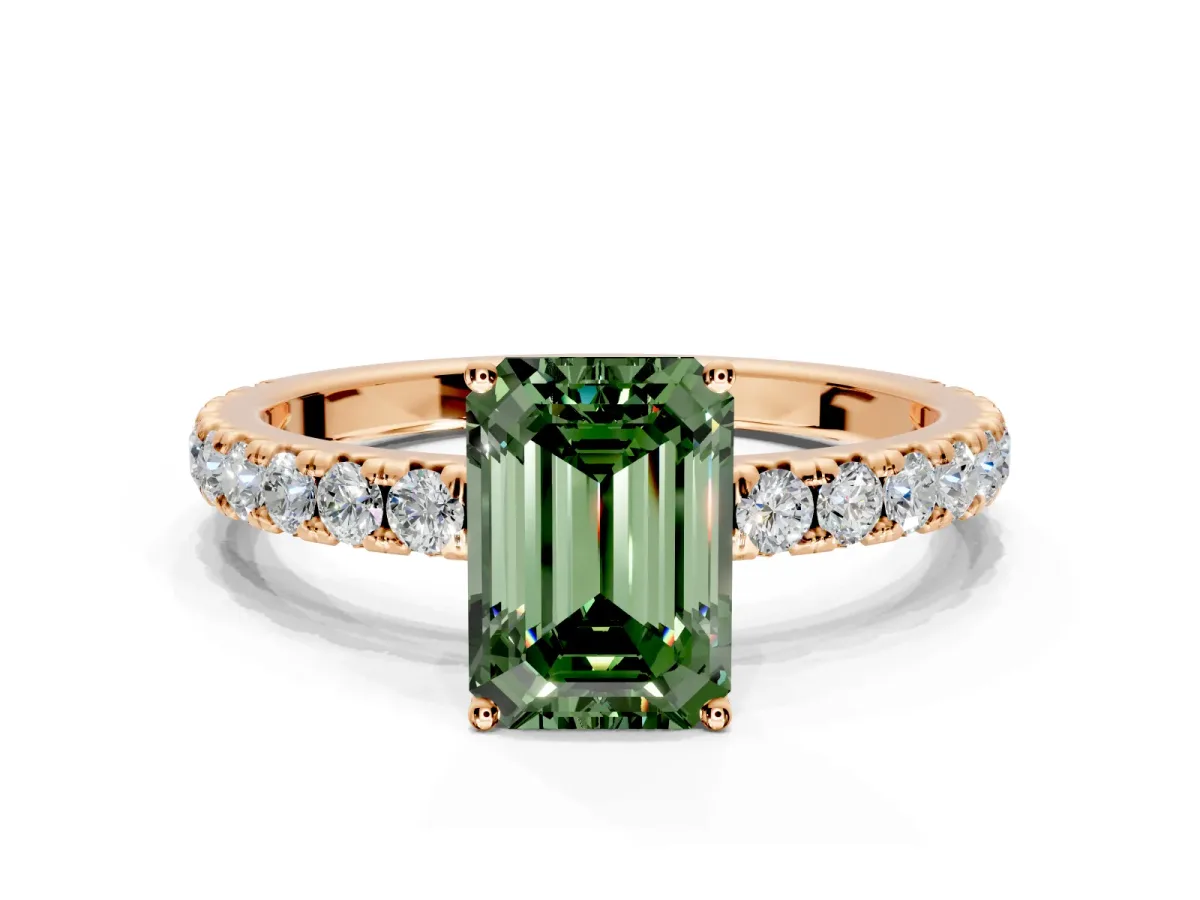 Solitaire Engagement Ring Setting for Fancy Green Emerald Cut Center with Large Accent Band and Prong Head in Rose Gold