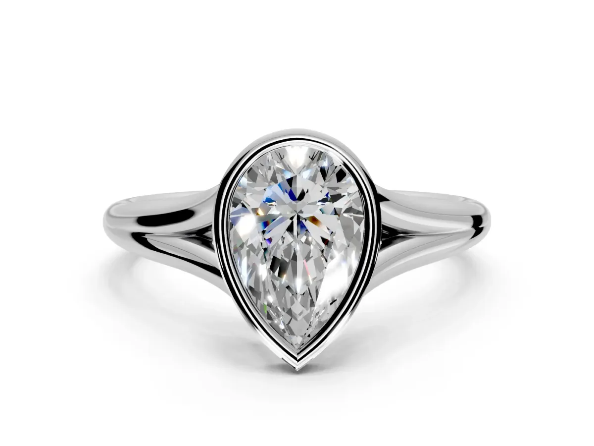 Solitaire Engagement Ring Setting for Pear-Shaped Center with V Split Shank and Bezel Head in Sterling Silver