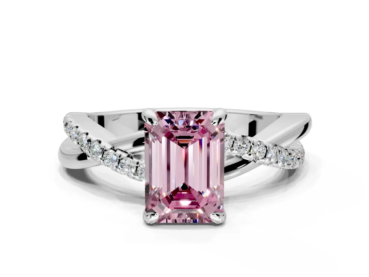 Solitaire Engagement Ring Setting for Fancy Pink Emerald Cut Center with Half-Pave Crossover Band and Prong Head in Platinum